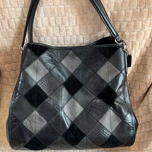 Coach Leather Shoulder Bag patchwork design in black, silver and gray